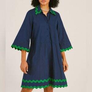 Cheeky Vintage Ric Rac A-Line Navy & Green Bell Sleeve Cotton Dress SIZE LARGE